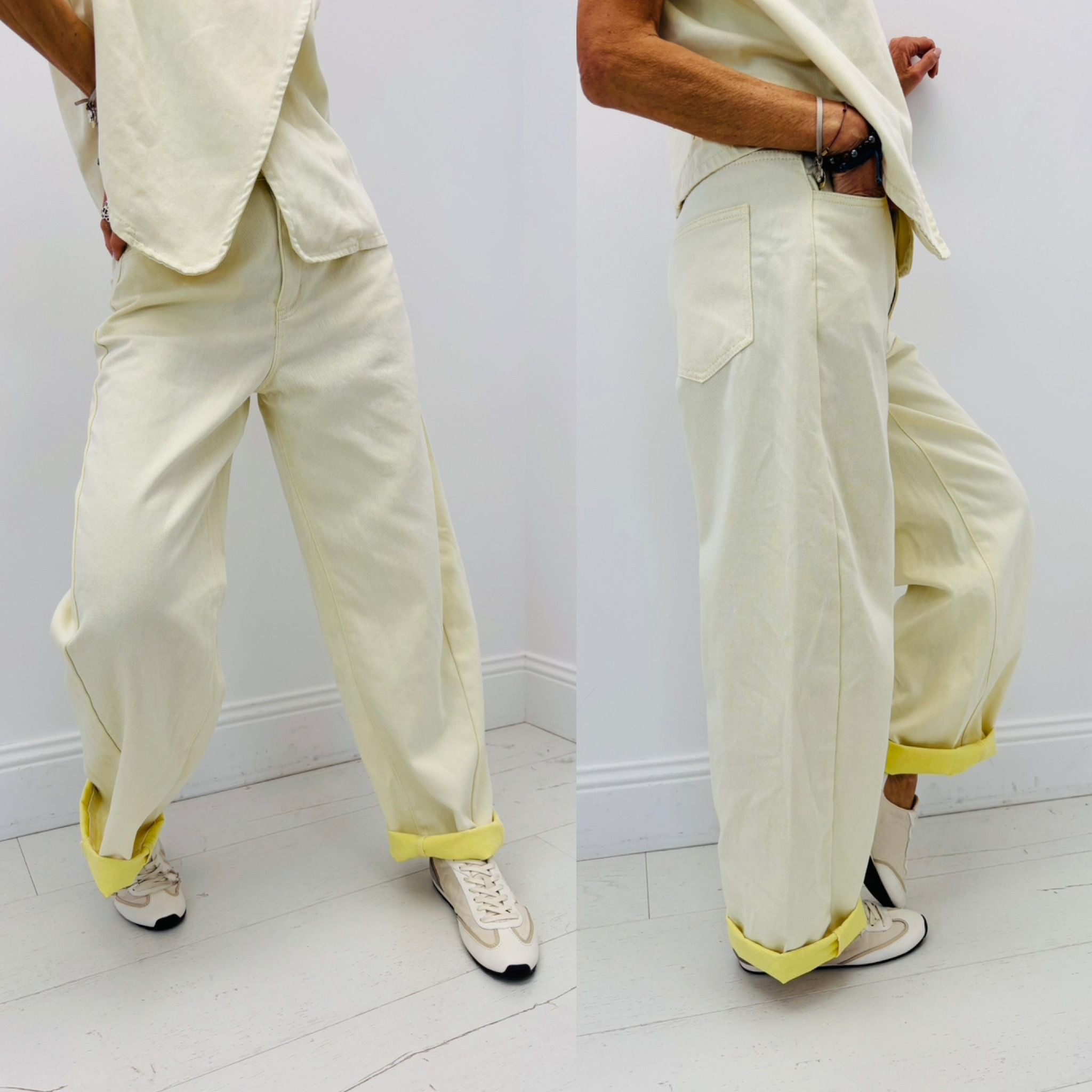 Conjunto Denim Amarillo — Chaleco Abotonado y Pantalón Balloon
