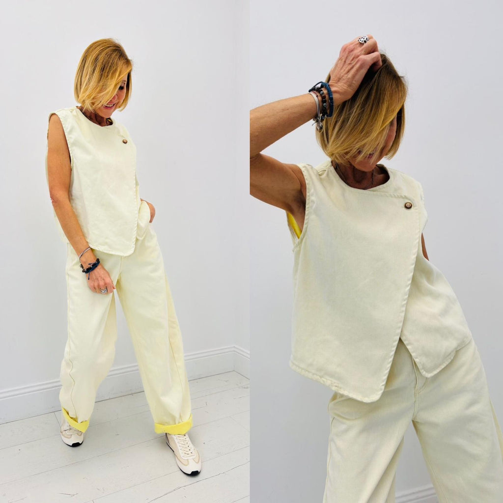 Conjunto Denim Amarillo — Chaleco Abotonado y Pantalón Balloon